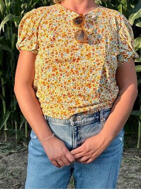 Zara Orange, Blue & White Floral Puff-Sleeve Blouse